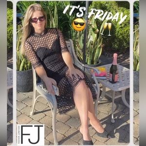 Bardot fishnet midi bustier dress.